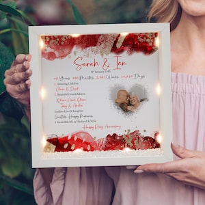 May include: A white frame with a red and gold design. The frame contains a photo of a couple and a message that reads "Sarah & Tan 31 January 1985 40 Years. 480 Months. 2,087 Weeks. 14,610 Days 2 Amazing Children Claire & David 5 Beautiful Grandchildren Olivia Noah Oliver Toby & Amelia Endless Love & Laughter Countless Happy Memories 1 Incredible life as Husband & Wife Happy Ruby Anniversary"