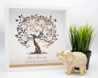 May include: A white framed picture with a gold and brown family tree design. The tree has hearts with names written on them. The text at the bottom reads "Our Family, Where life begins and love never ends".