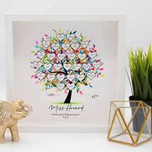 May include: A white framed print of a colourful tree with hearts containing names. The text "Miss Howard" and "Thank you for helping us grow! Year 6" is below the tree.