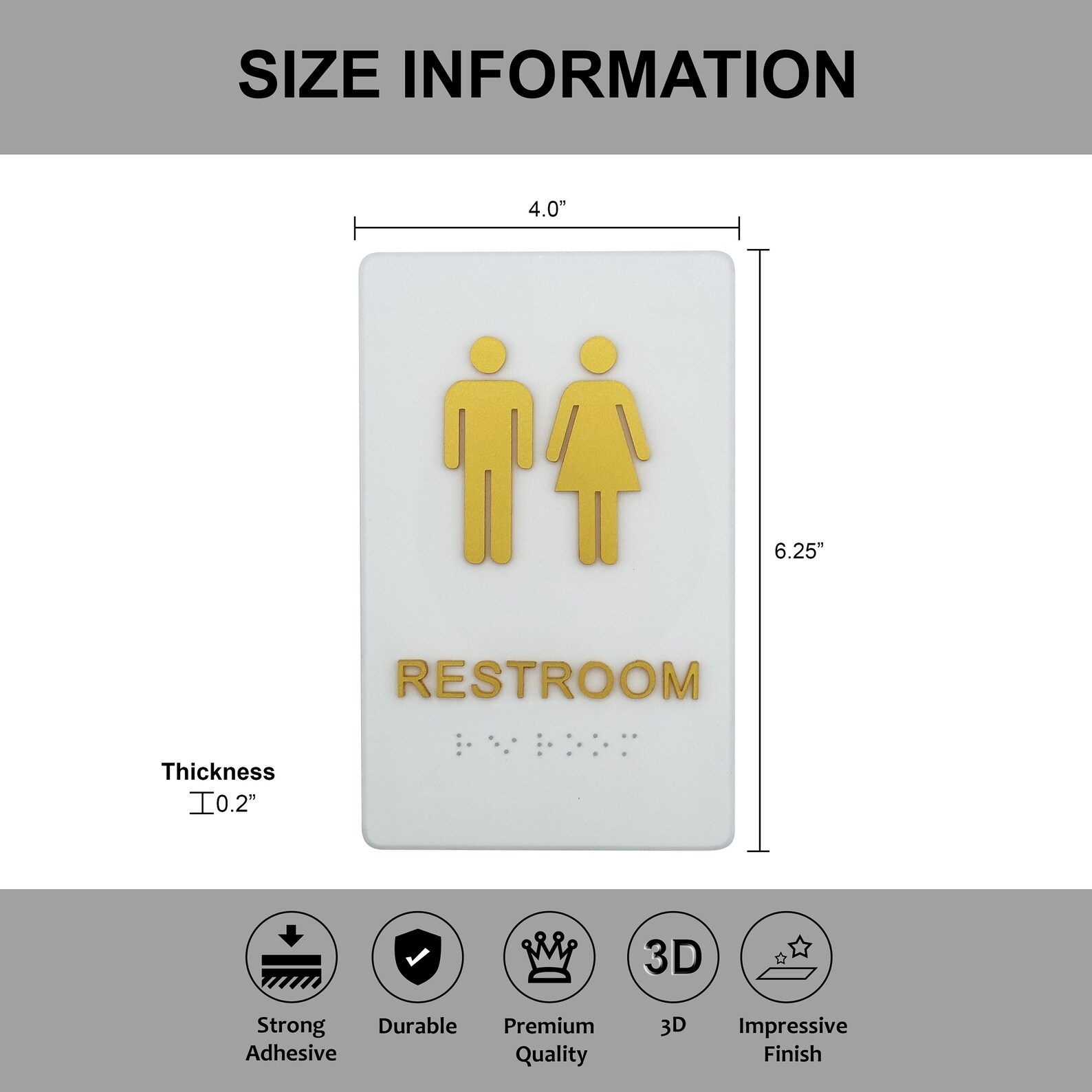 Acrylic 3D Gold Finish Restroom Sign With Braille, Bathroom Men, Women ...