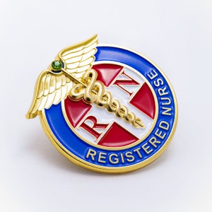 Registered Nurse Pin Button – Gold Outline with Green Stone - RN Red Cross Pin, USA, Metal, Unique, Red, Green, Blue