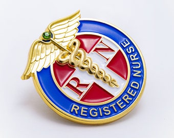 Registered Nurse Pin Button – Gold Outline with Green Stone - RN Red Cross Pin, USA, Metal, Unique, Red, Green, Blue