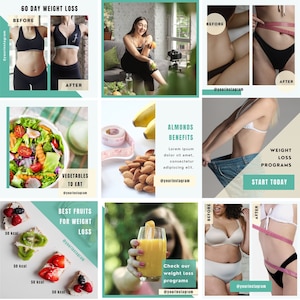 30 Weight Loss Instagram Post Templates | Canva Templates | Weight Loss Coach | Diet | Wellness | Nutritionist | Fitness Coach