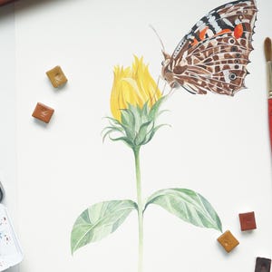 Original Aquarell Blumen und Schmetterling