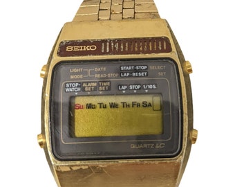 Montre chronographe Seiko LCD rétro de 1977 pour réparation - Acier inoxydable doré