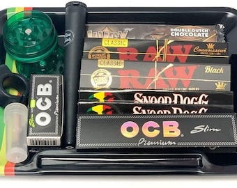 Vassoio per rotoli neri, carta grezza per rotoli, mini grinder in plastica, tubo per doob