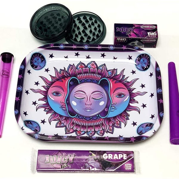 Moon and Sun Purple Rolling Tray Set Plastic Grinder Juicy Jay Rolls Doob Tube