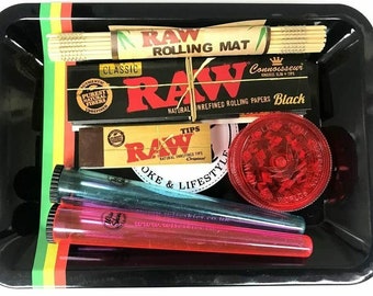 Set di cartine Raw: vassoio, filtri, tubi e mini grinder