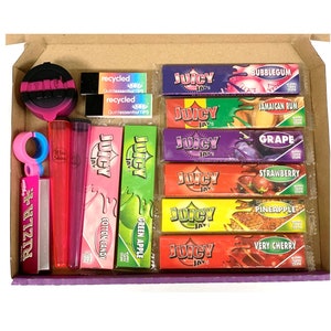 Juicy Jay Smoking Set - Rolling Papers, Portaornie, Pentola per olio in gomma, Punte filtro