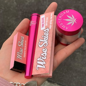 Pink Rolling Paper Set / Metal Pink Joint Holder and Metal Amsterdam Crusher