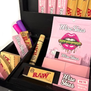 Conjunto de caixa de enrolar com trava de código TSA, caixa preta, conjunto de presente, papéis de enrolar rosa, kit de pontas de enrolar cruas