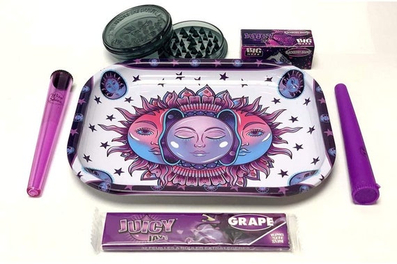 Moon and Sun Purple Rolling Tray Set Plastic Grinder Juicy Jay Rolls Doob  Tube