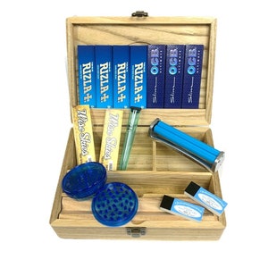 Wooden Smoking Box Set Large | Rizla Blue Rolling Papers, Rolling Machine, Tube