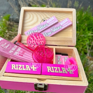 Pink Wooden Rolling Box Set: Custom Papers & Tips