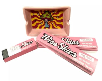 Pink Mushroom Ashtray Kit: Porcelain Trippy Rolling Set