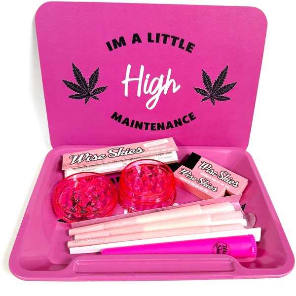 Pink High Maitenance Rolling Tray Set with Magentic Cover Pink Cones Pink Rolling Papers