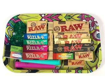 Psychedelisches Rolling Tray Set: RAW Papers, Tips, Rolling Mat