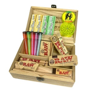 Wooden Box Set Large | Raw Rolling Papers Raw Cone Tips Metal Tin