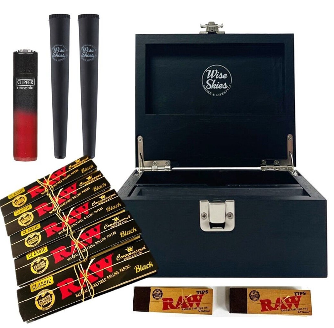 Black Wooden Rolling Box Set RAW Rolling Papers Clipper Cone Holder
