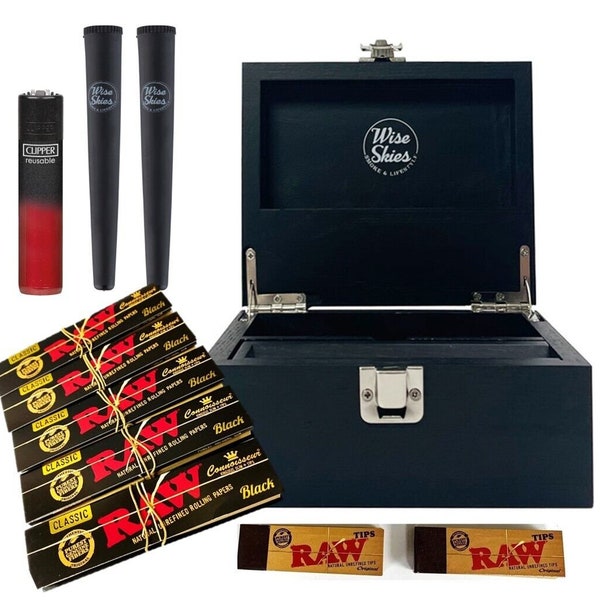 Black Wooden Rolling Box Set RAW Rolling Papers Clipper Cone Holder Stash