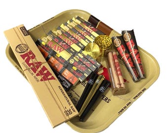 HUGE Gold RAW Jumbo Rolling Tray Set Custom Handmade Bundle Package