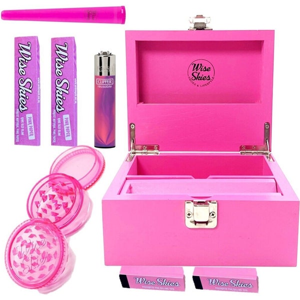 Pink Wooden Rolling Box Set Pink Rolling Papers Plastic Crusher Pink Tips Pink Handmade Set