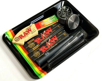 Set di vassoi neri per rollare: vassoio Wise Skies, cartine RAW e