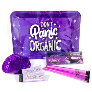 Lila Don't Panic I's Organic Rolling Tray Set Doob Tube Crusher Rolling Papers Tips Bundle Geschenkset Rolling Accessories