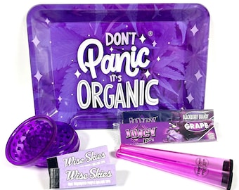 Purple Rolling Tray Set: 'Don't Panic It's ' - Gift Bundle