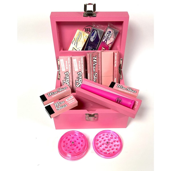 Pink Mini Rolling Box Set Wooden Stash Box Pink Rolling Papers