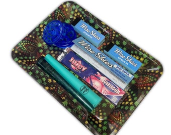 Set met rollade met blauwe bladeren: vloeipapier, tips en kokertje