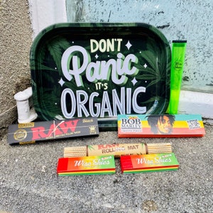 Don't Panic Rolltablett Set Rollpapier Spitzen Tablett Doob Tube Rolling Mat Funky Green Design