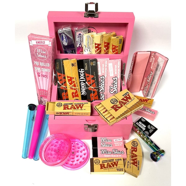 Pink Jumbo Rolling Box Set Wooden Stash Box Pink Rolling Papers