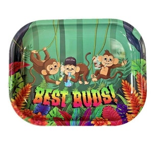 May include: A green metal rolling tray with a jungle scene featuring three monkeys smoking and the text "Best Buds!"