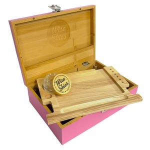 Hand Made Bamboo Pink Storage Box XL Large jewelry Case With Tray Jar and Storage Compartments Christmas Gift Accessories