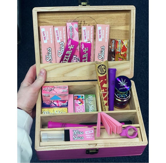 Pink Wooden Rolling Box Set Smoking Hamper Pink Rolling Papers Rolling Tips  Grinder 