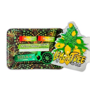 May include: A black rolling tray with a green leaf pattern, featuring a green grinder, a green rolling paper holder, and three packs of rolling papers labeled "Wise Skies". The tray is next to a sticker with a green and yellow lemon tree design and the text "Lemon Tree 3.5 Grams".
