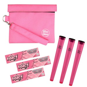 May include: A pink zippered pouch with a wrist strap, three pink pre-roll tubes, and three packs of "Juicy Jay's Cotton Candy Flavoured Papers". The pouch has the text "Wise Skies" printed on it.