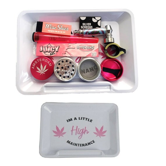 High Maintenance Rolling Tray Set Pink Rose Gold Grinder Cotton