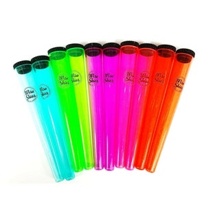 May include: Ten colourful plastic tubes with black caps and the text "Wise Skies" printed on each tube.