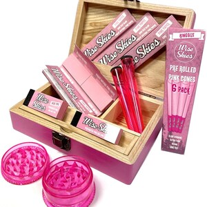 Zestaw Pink Rolling Box Różowe bibułki do przechowywania Ręcznie robione drewniane pudełko
