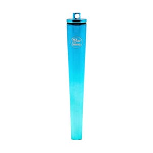 May include: A bright cyan, conical metal storage tube with a screw-top lid featuring a small circular loop at the top. The exterior surface displays the text Wise Skies printed in a circular emblem on the upper portion of the tapered body.