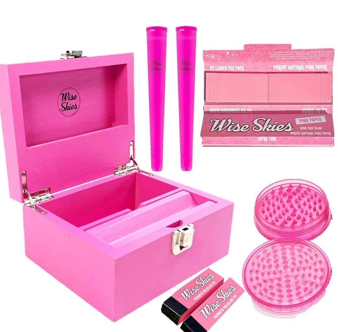 Pink Wooden Rolling Box Set Pink Rolling Papers Plastic Crusher Pink