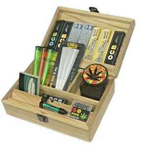 Wooden Smoking Box Set Large | Rolling Papers,  Tubes, Pre Rolled Cones, Rolling Tips