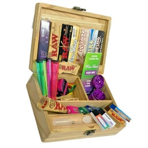 Wise Skies Großes Rollbox-Set aus Holz für Zigarettenpapier, rohe Bio-Hanf-Kegelspitzen