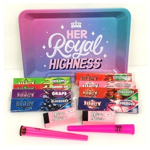May include: A pink and blue metal rolling tray with the text "Her Royal Highness" printed on it. The tray is surrounded by a variety of rolling papers with different flavors, including Green Apple, Strawberry/Kiwi, Grape, Blueberry, Very Cherry, Cotton Candy, Strawberry, and Bubblegum. There are also two pink rolling cones and two packs of rolling tips.
