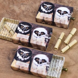 May include: Three small decorative boxes with owl illustrations, each with a drawer and a small scroll inside. The boxes are rectangular with a brass knob. The owl images feature a black and white owl and a white owl. The boxes are on a wooden surface.