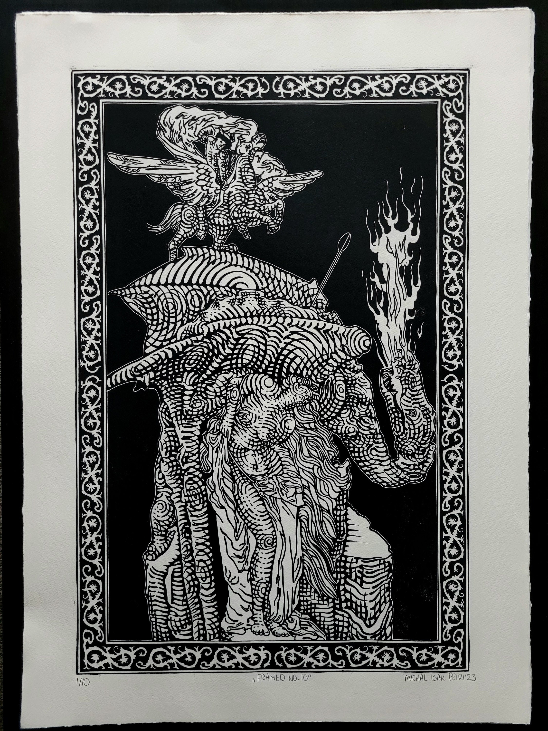 FRAMED NO 10 - Perseus and Andromeda - handmade linoprint