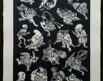 May include: Black and white print featuring a collection of stylized Japanese yokai figures. The creatures are depicted in various poses and forms, set against a solid black background. The print has a textured, off-white border.