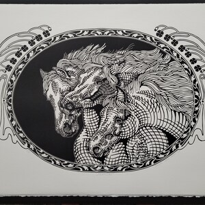 FRAMED NO 1 - Pharaoh&#39;s Horses - handmade linoprint